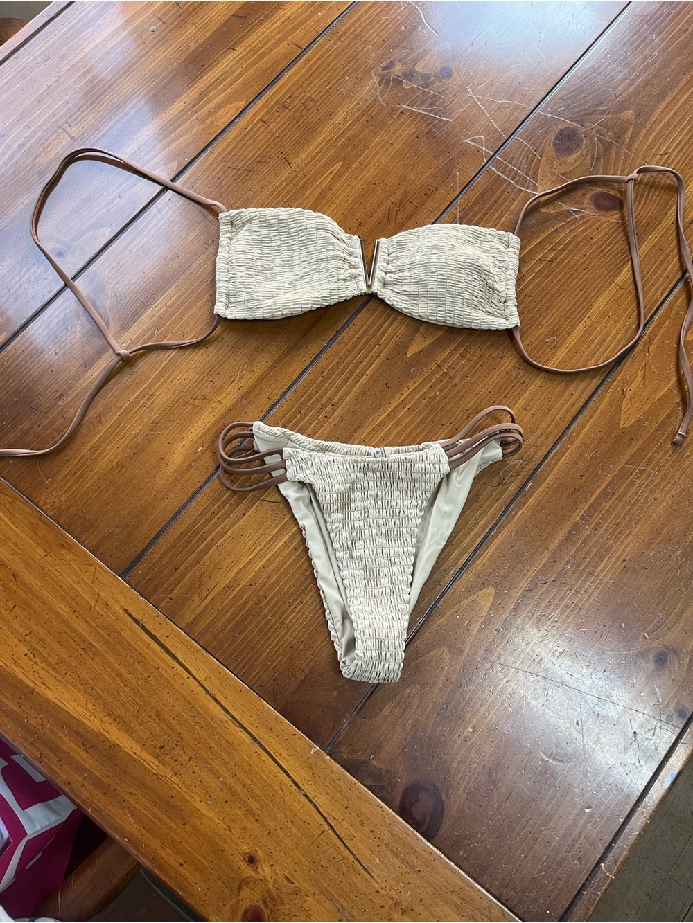 Textured Smocked Bandeau Bikini Set Beige Tan Strappy Medium EUC